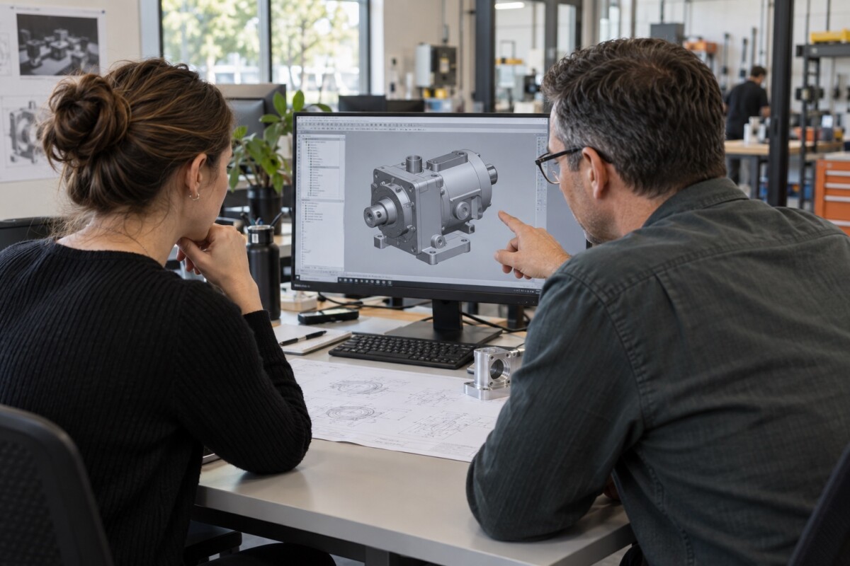 Two engineers reviewing a mechanical CAD assembly together