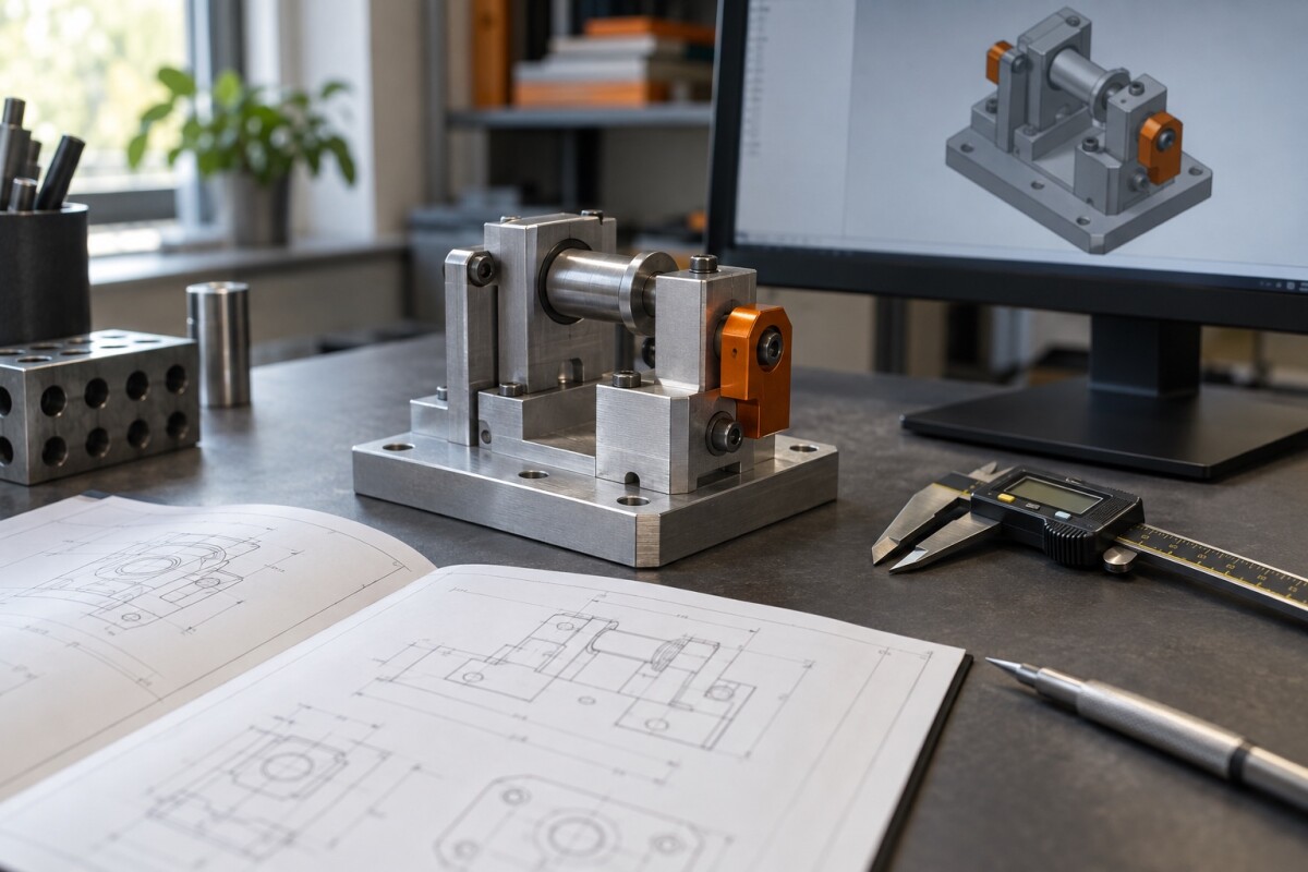 A machined mechanical fixture beside its CAD model and engineering drawings