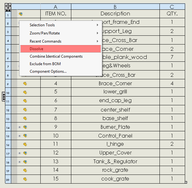 Right-click the subassembly in the BOM Assembly Structure column