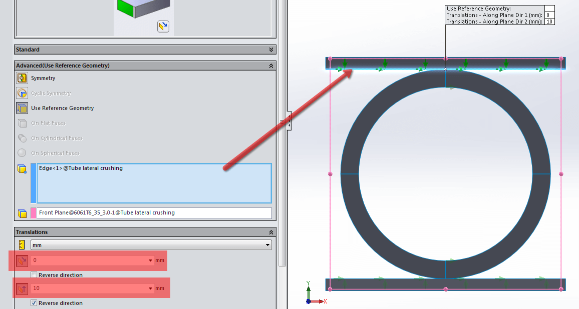 Lateral compression of tubes in solidworks