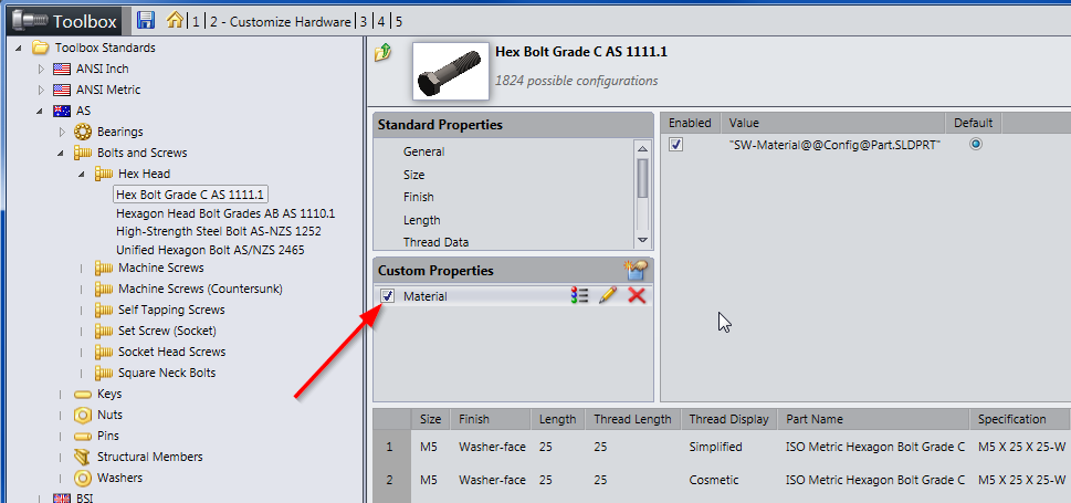 Assigning a material to toolbox parts