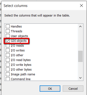 Ticking the GDI objects on Select Columns Window