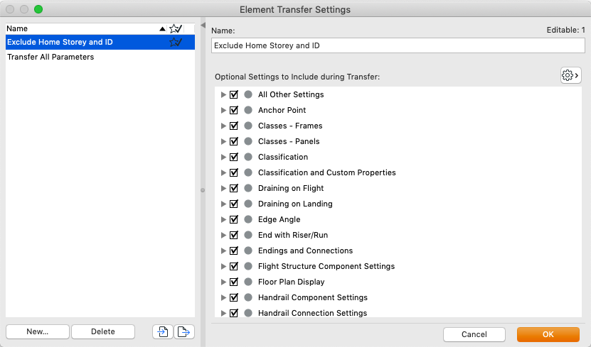 Element transfer settings
