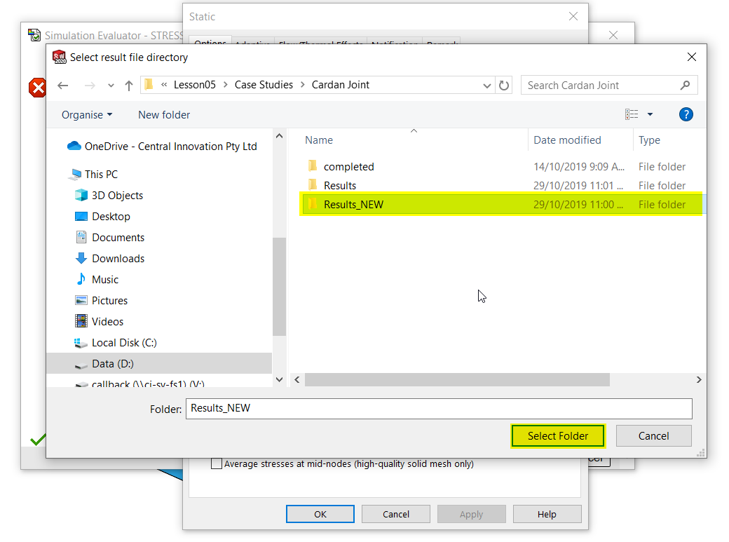 Select Result file directory dialog