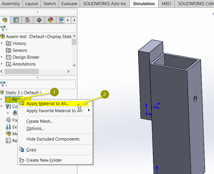 Solidoworks how to do analysis on portion of assembly