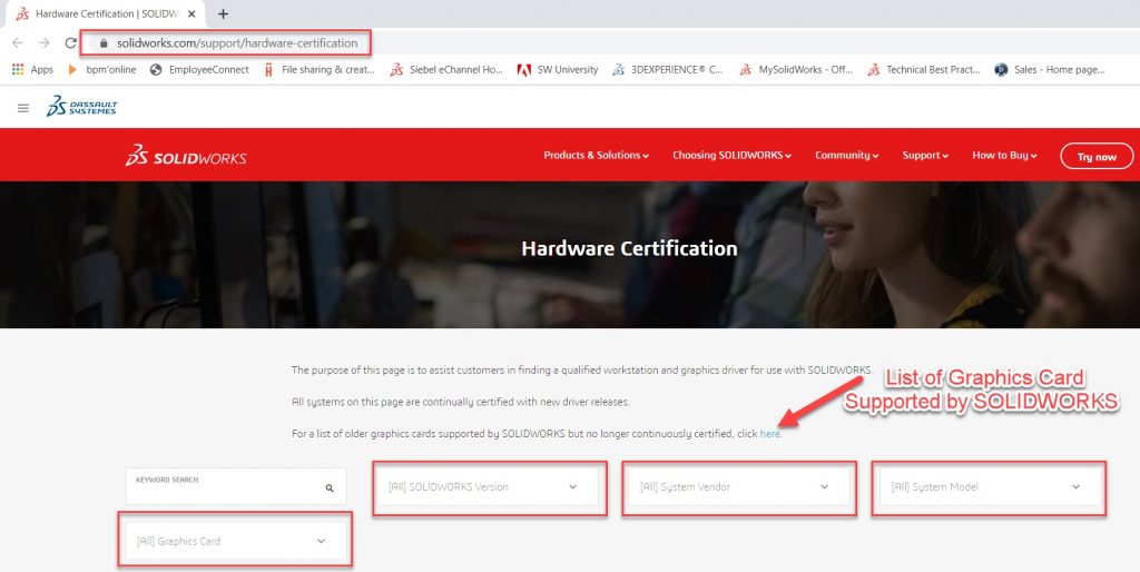 SOLIDWORKS hardware certification page