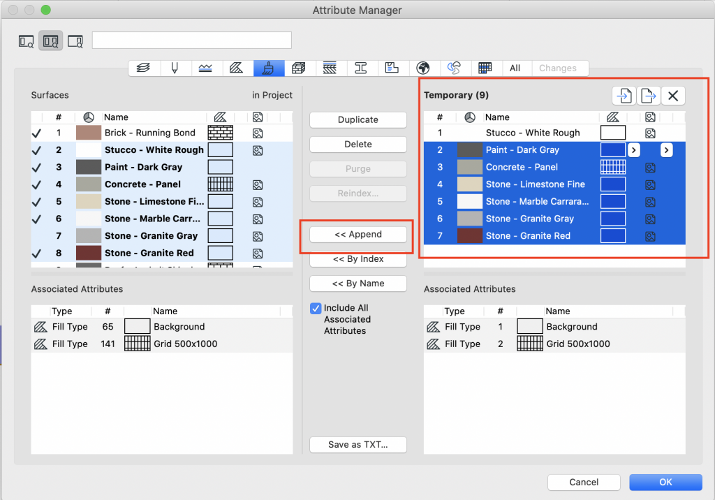 Select surfaces from Temporary window and highlighting on append.