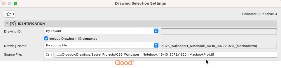 Setting Identification under Drawing Selection Settings