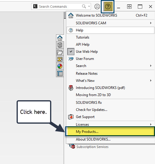 A command to click My Products under SOLIDWORKS