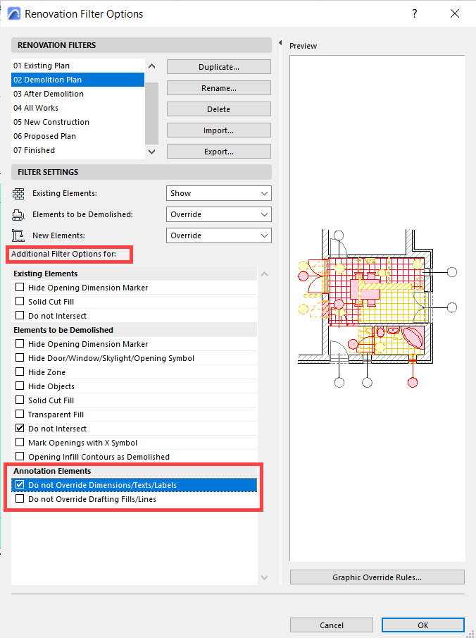 showing extra options under Renovation Filter settings